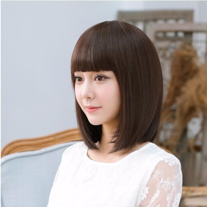 [低价]假发女短发bobo头长款内扣齐斜刘海逼真整顶假发 自然黑 [齐
