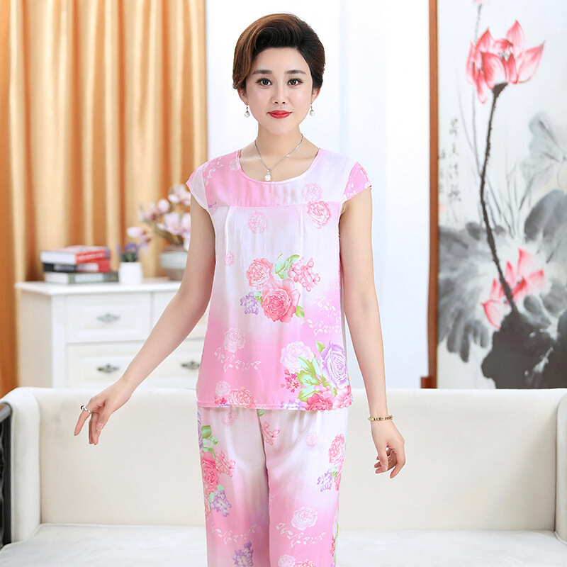 中老年人睡衣女装短袖棉绸套装妈妈装家居服薄款套头奶奶装夏装