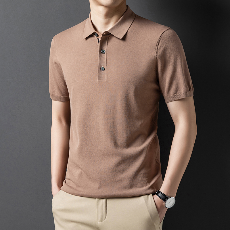 夏季休闲男士翻领纯色针织短袖t恤衫潮流韩版男装修身半袖polo衫 驼色 180/XL