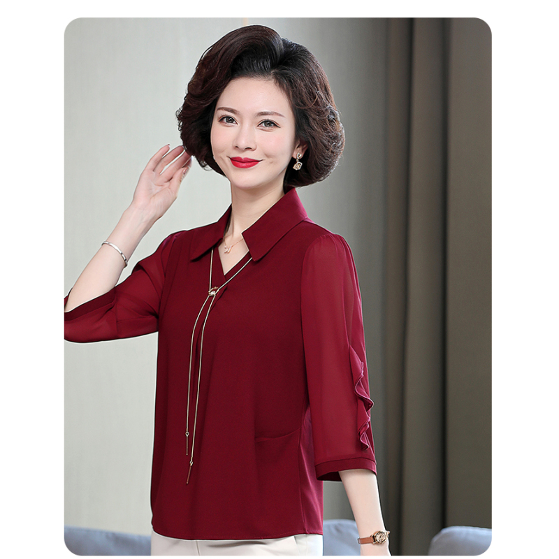 暖青汇妈妈春装t恤衬衫中年40岁女打底衫洋气雪纺小衫中老年春秋打底