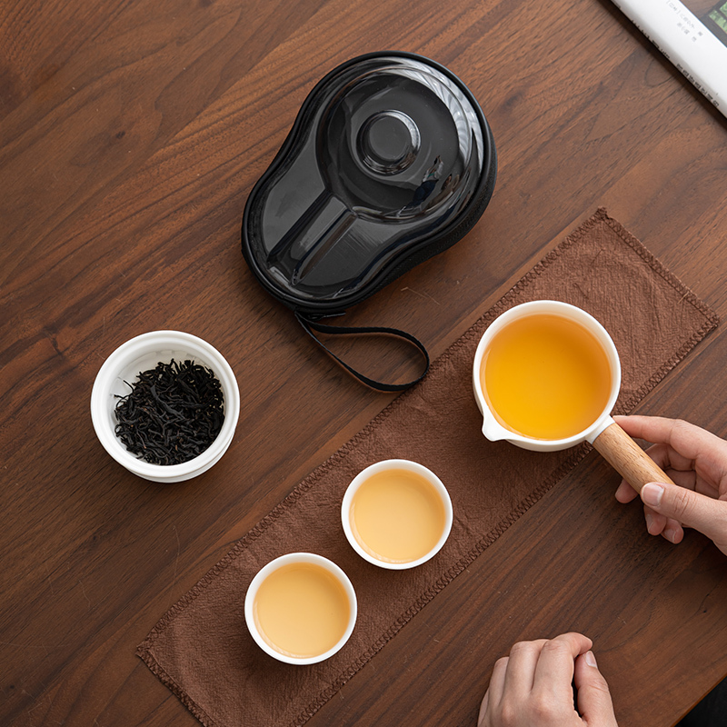 苏氏陶瓷(SUSHI CERAMICS)羊脂玉瓷木柄侧把壶快客杯便捷茶具旅行包