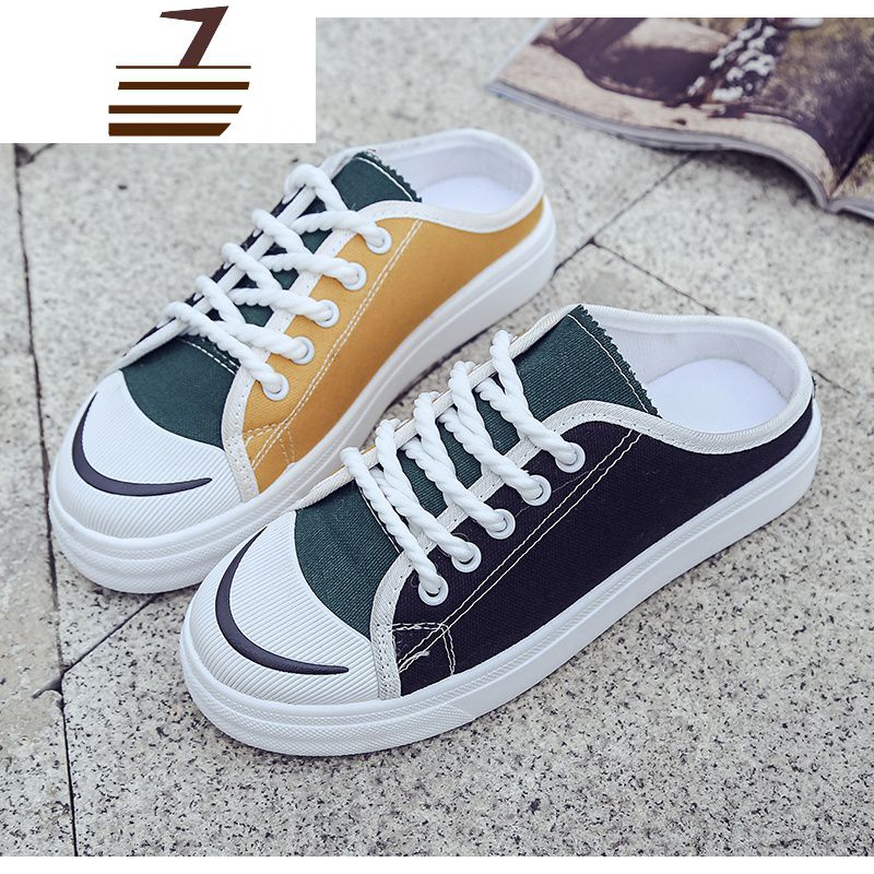 尗卡平底半拖鞋女彩色无后跟一脚蹬包头时尚休闲2020新款懒人帆布鞋