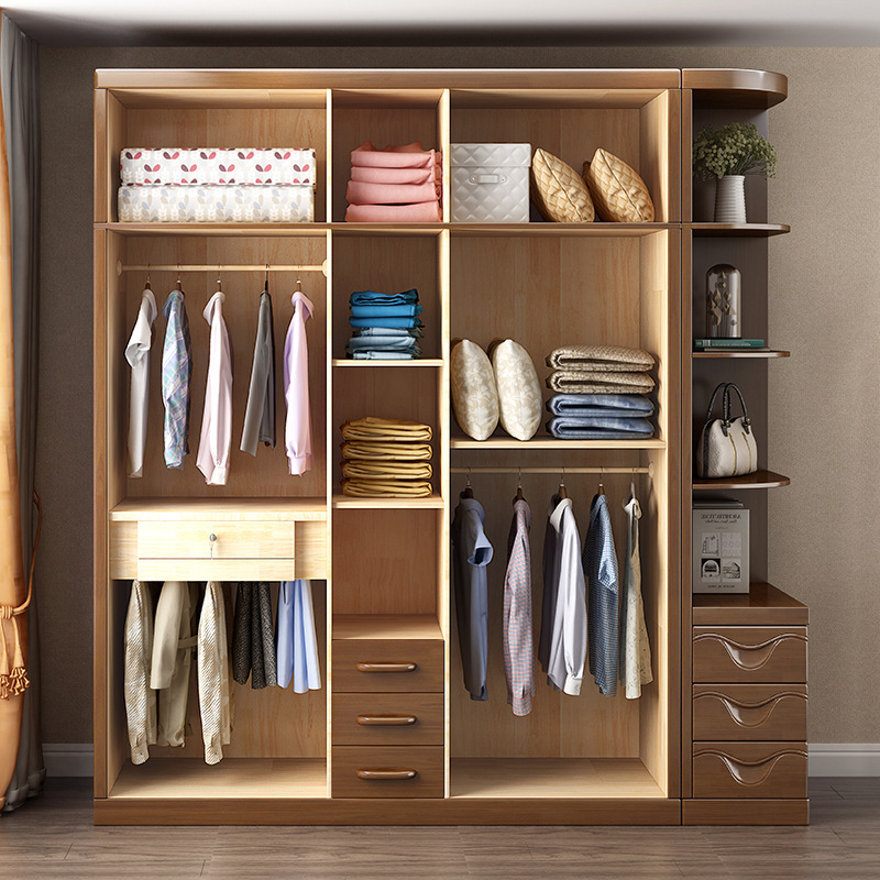 兰秀家居中式实木衣柜对开门推拉六门大容量衣柜卧室经济橡胶木大衣橱