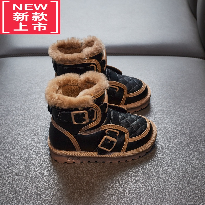 可莉允雪地靴女童一体棉靴儿童加绒加厚短靴男童中大童机车靴子