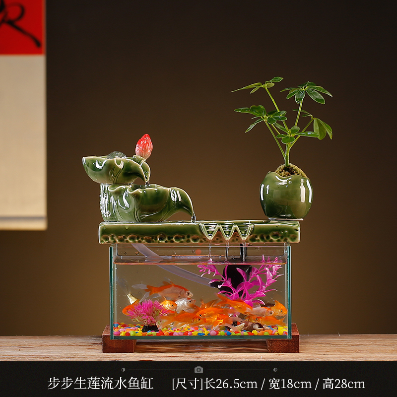 陶瓷流水生财玻璃鱼缸摆件客厅电视柜装饰轮办公开业乔迁礼品