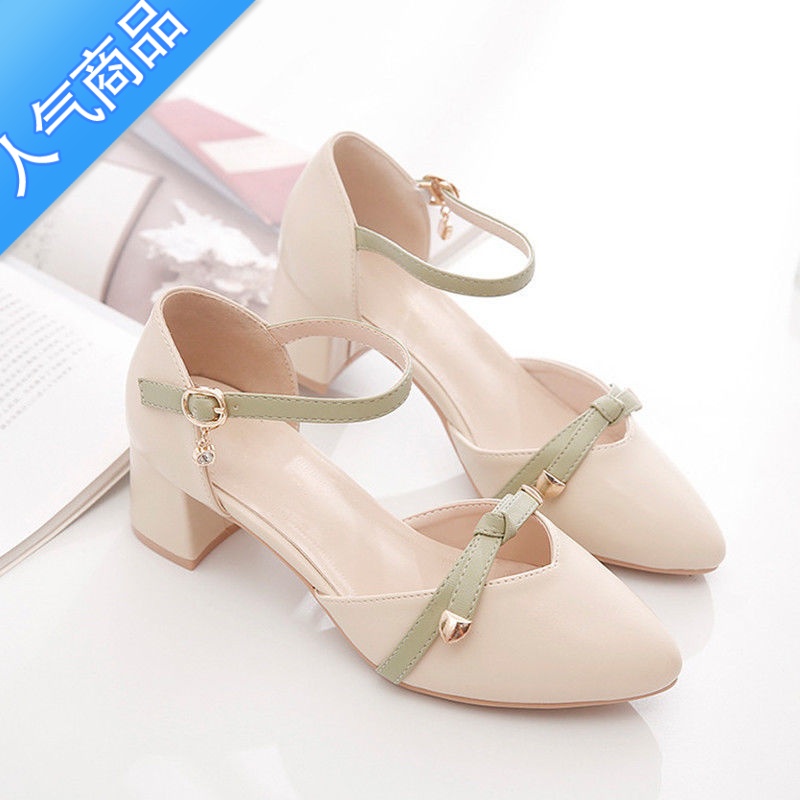 SUNTEK中空凉鞋女夏2023新款中跟百搭粗跟一字扣仙女风高跟鞋包仙E高鞋高清大图