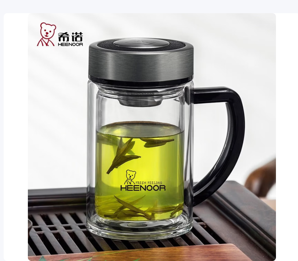 希诺(Heenoor) 双层玻璃杯耐热防烫带把带手柄商务办公玻璃水杯男士过滤茶杯子 小熊杯盖-435ML-带滤网.高清大图