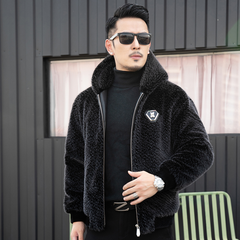 免费试穿 高端金貂绒毛呢夹克春秋装新款男时尚翻领加厚保暖皮草外套潮真皮皮毛一体金貂绒男士水貂翻领大衣加厚休闲夹克外套潮高清大图