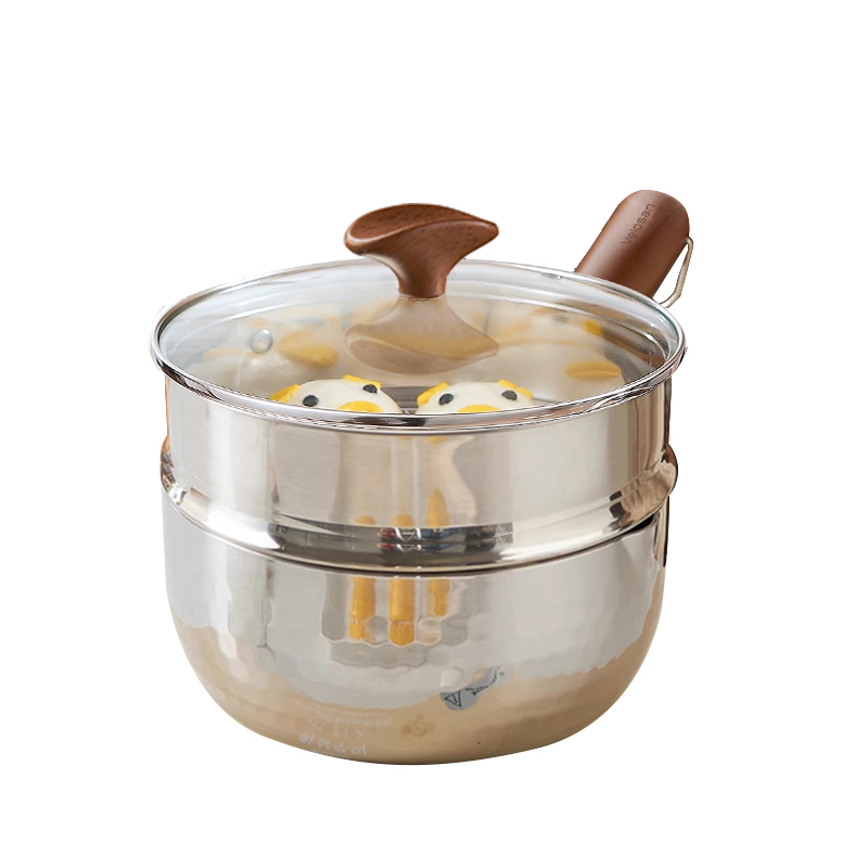 温仑山(Velosan)雪平锅锤纹不锈钢不粘小奶锅 煮面汤锅宝宝辅食锅 炉灶通用 雪平锅带盖带蒸笼 20cm高清大图