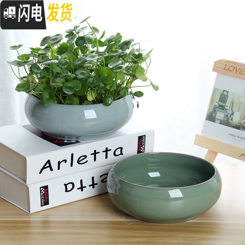 三维工匠铜钱花盆陶瓷水培碗莲一叶莲水仙花金钱专用无孔大号多肉 肚径20富春山居图 大花盆容器高清大图