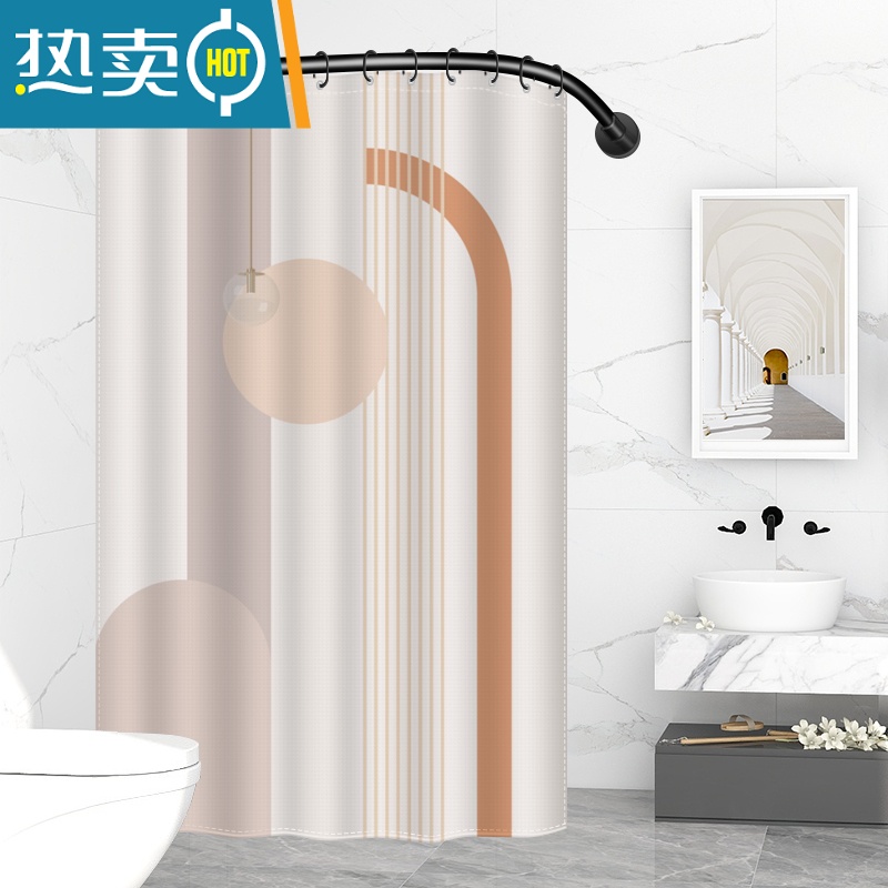 敬平浴帘套装免打孔弧形杆淋浴挂帘 浴室加厚隔断帘 卫生间防水布 浴帘莫兰迪粉+金属挂钩+绑绳 黑色弧形杆A款+浴帘180x200高
