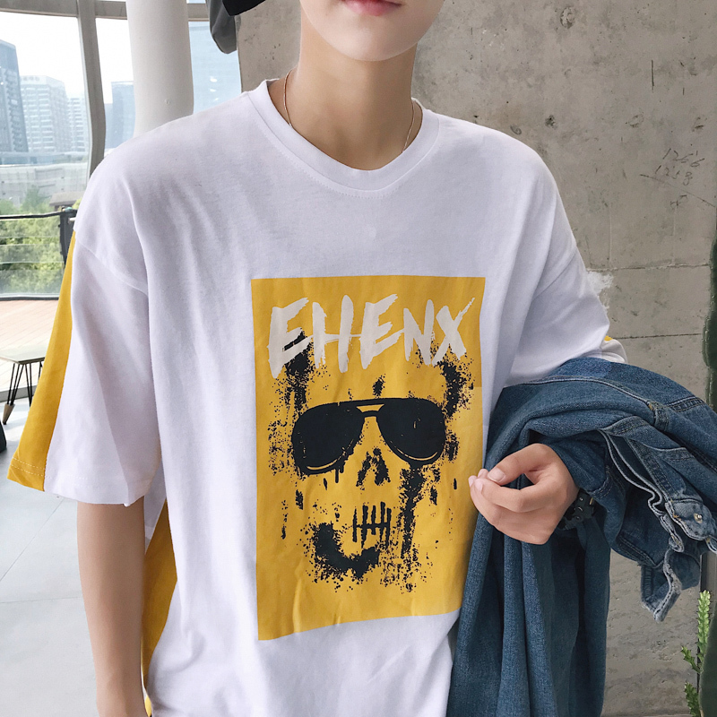 港风男夏青少年个性印花五分袖圆领体恤日系宽松学生中袖休闲T恤