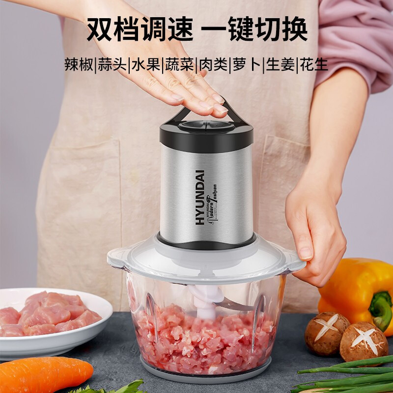 HYUNDAI电动绞肉机 多功能料理机家用碎肉机宝宝辅食机蒜蓉机打蒜器绞馅机搅拌机搅肉机 可绞1斤肉2L玻璃碗