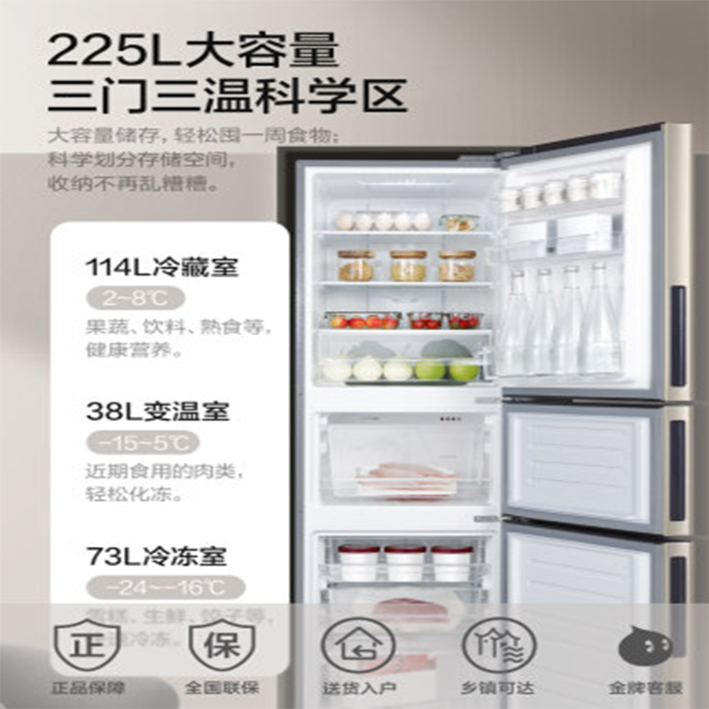 格力(GREE)225升冰箱风冷无霜迷你小型家用三门大冷冻宽幅调温节能低噪离子净味电冰箱BCD-225WETC时代金