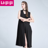 Lagogo/拉谷谷纯色V领背心外套百褶拼接马甲女中长款