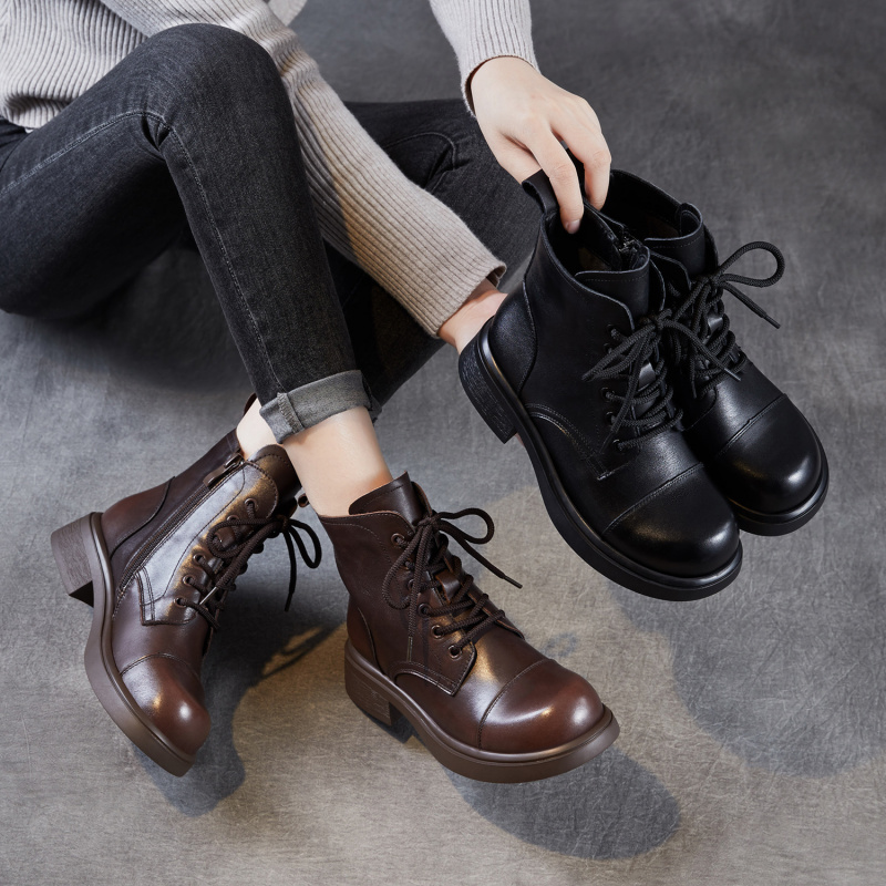 头层牛皮英伦风复古马丁靴秋冬新款时尚百搭厚底系带真皮短靴
