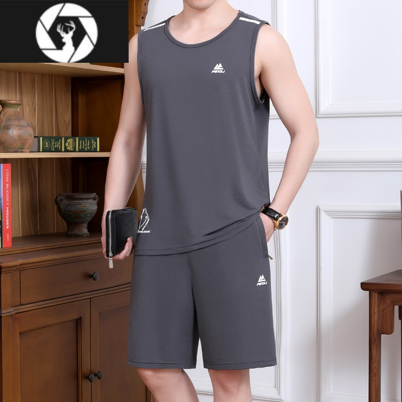 HongZun中老年冰丝背心男士运动套装宽松休闲爸爸夏装大码无袖健身服夏季