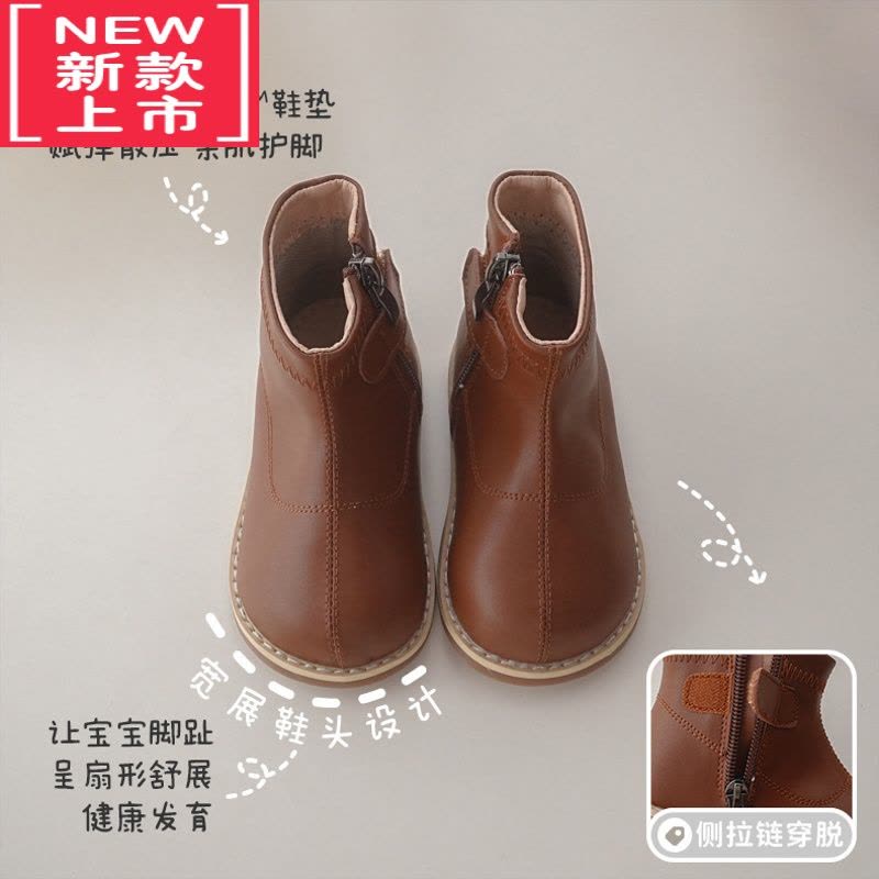 可莉允女童靴子2022秋冬韩版皮靴男童中筒靴加绒宝宝软底侧拉链儿童短靴图片
