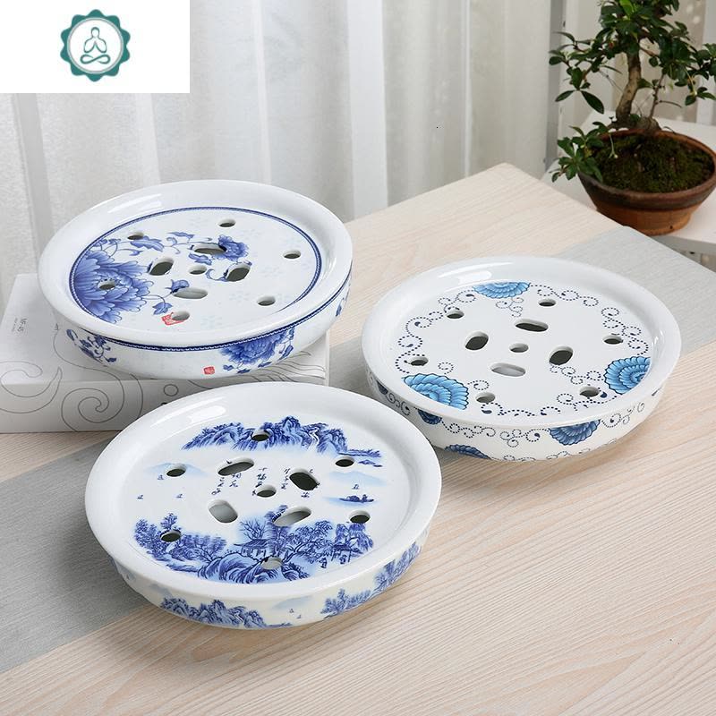 青花瓷家用小茶台 简约陶瓷茶盘托盘 储水式圆形茶海 大双层茶船 封后 国色香陶瓷大盘12寸直径31厘米茶具图片