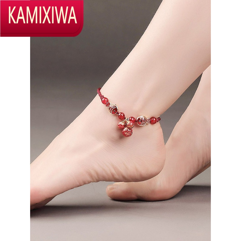 kamixiwa古风脚链铃铛有声女2021新款网红复古民族风粗红绳脚绳