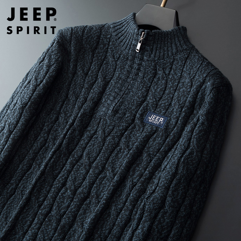 JEEP SPIRIT吉普男士针织衫加绒加厚保暖针织衫半拉链立领时尚毛衣秋冬套头衫外套高清大图