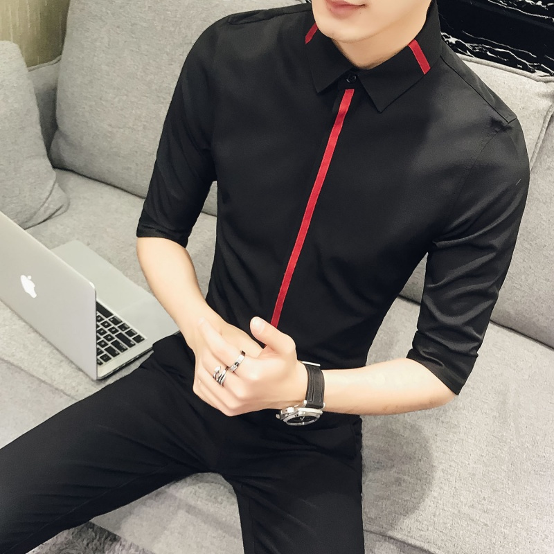 2色2018春夏新品小清新修身型男美师青年织带五分袖潮中袖衬衫