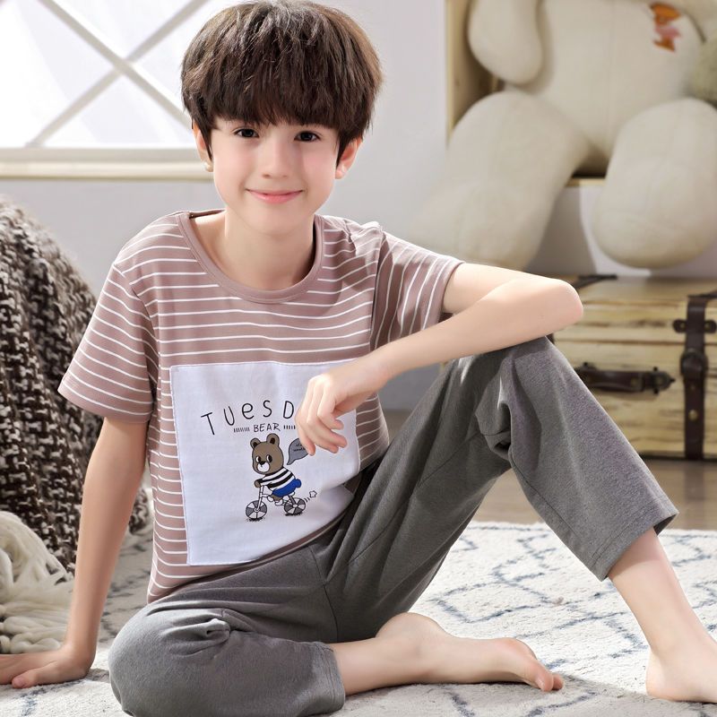 儿童睡衣男童短袖长裤纯棉夏季薄款男孩简约中大童宝宝家居服套装
