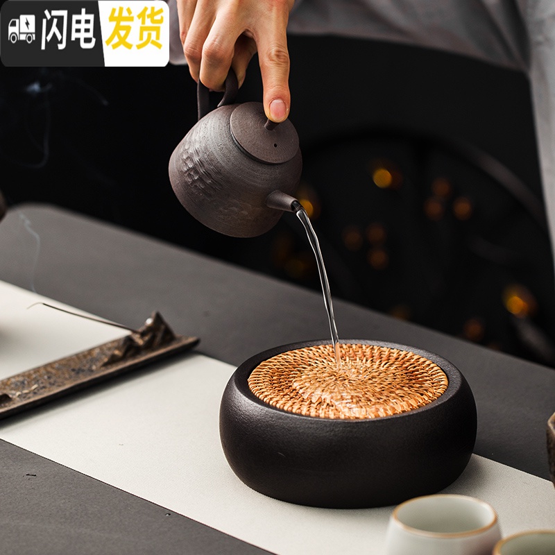 三维工匠日式粗陶手工储水壶承茶盘壶托功夫茶具干泡茶台藤编养壶茶道配件 禅吾粗陶藤编壶承褐(圆)高清大图