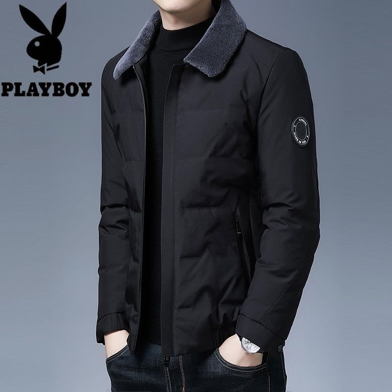 花花公子品牌2021冬羊毛翻领羽绒服男短款白鸭绒休闲中年男士外套保暖衣服图片