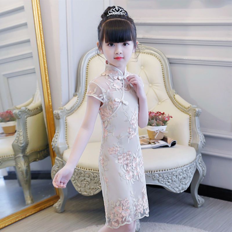 裸杏色旗袍香槟花100儿童公主裙女童旗袍夏季连衣裙小女孩中国风洋气
