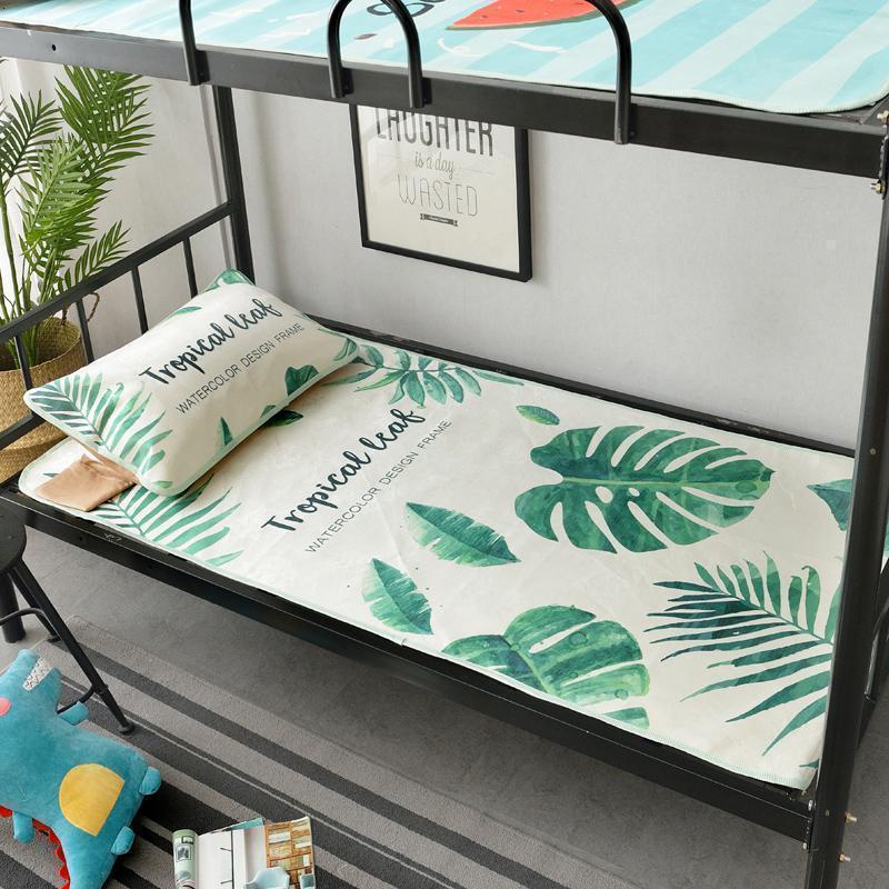 大学生宿舍冰丝凉席0.9m单人寝室可水洗软席1.2米席子可折叠_93 0.8m床 绿叶（送枕套）