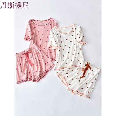 2018纯棉睡衣女夏 休闲短袖短裤全棉坑条莓印花家居服套装