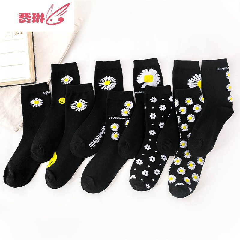 袜子士中筒ins潮夏季长筒高帮韩版高帮长袜GD小雏菊花袜peace 费琳