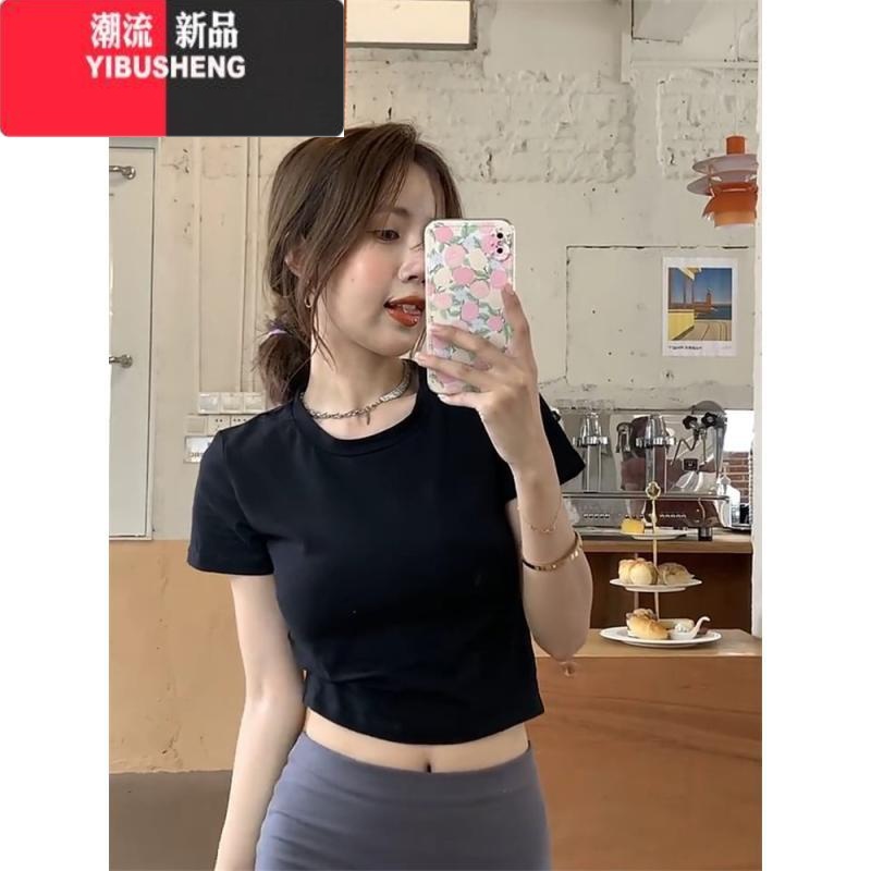 YIBUSHENG白色短款T恤女季短袖辣妹圆领纯色高腰露脐修身型弹性上身高清大图