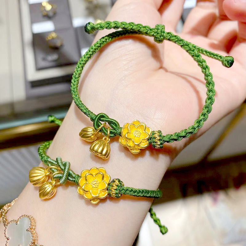 letrange黄金手链999足金两世欢莲花莲蓬转运珠手绳