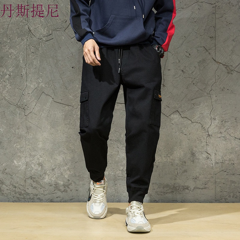 多口袋迷彩工装裤男潮宽松大码日系休闲裤收口束脚小脚哈伦长裤子