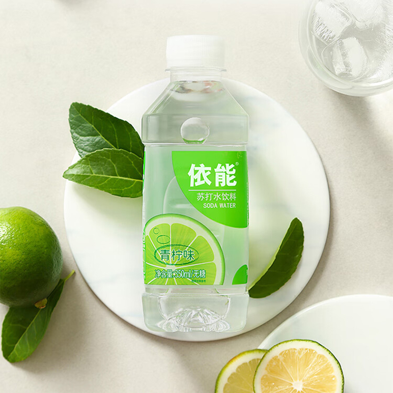 依能苏打水饮料无糖无汽弱碱青柠味苏打水350ml*24瓶
