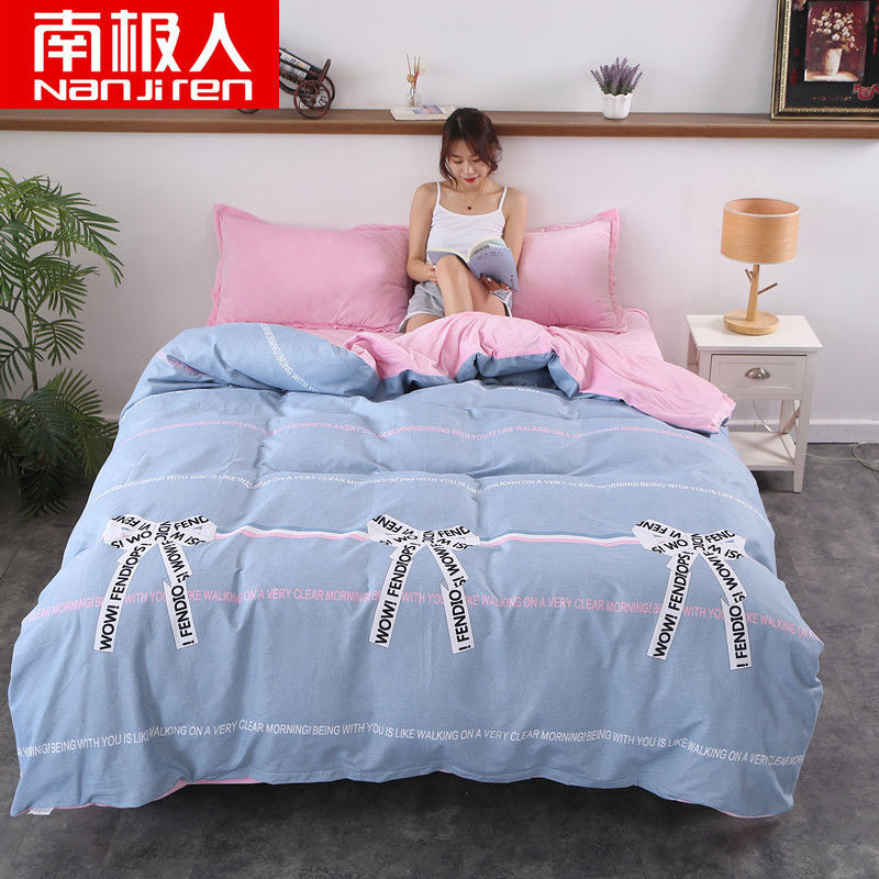 南极人正品水晶绒被套单双人加绒加厚法兰绒珊瑚绒被单套被罩单件_326 150*210cm【加绒款】 AB-条纹蝴蝶结