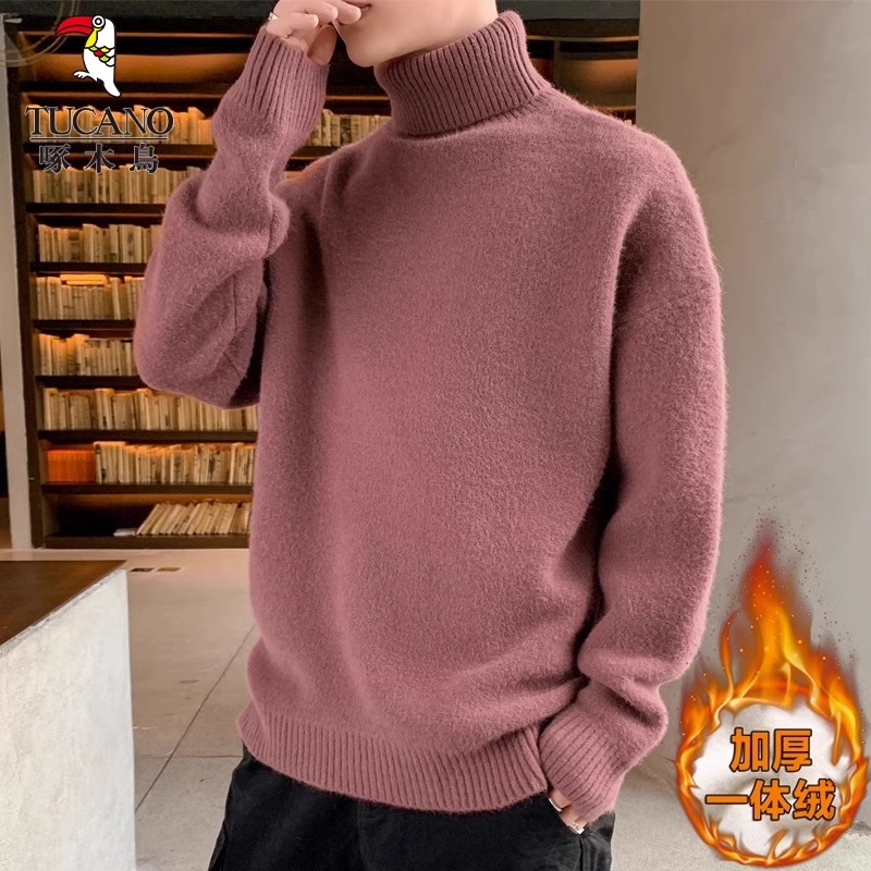啄木鸟高领一体绒毛衣男士冬季加绒加厚宽松休闲潮流保暖针织衫男高清大图
