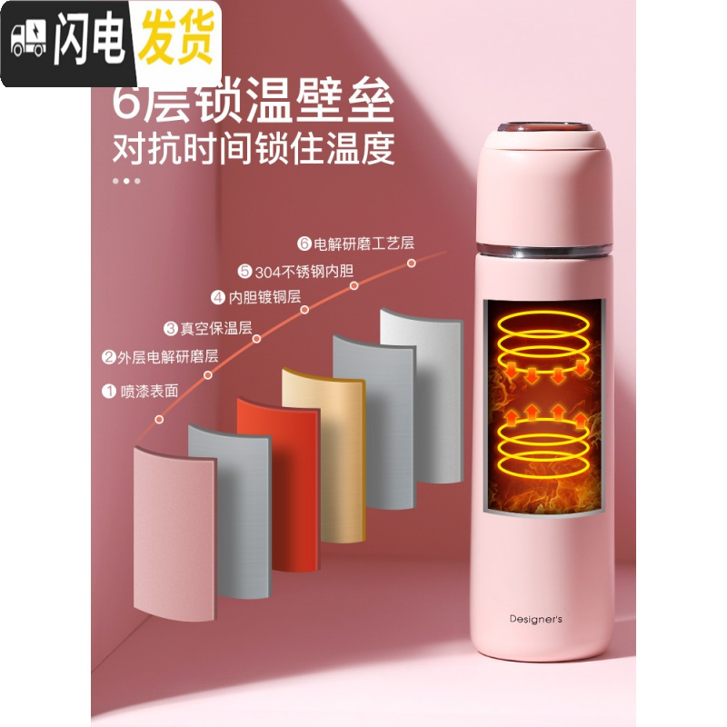 三维工匠保温水杯子女带盖可喝水便携简约清新森系学生大容量创意个性潮流 黑色500保温杯