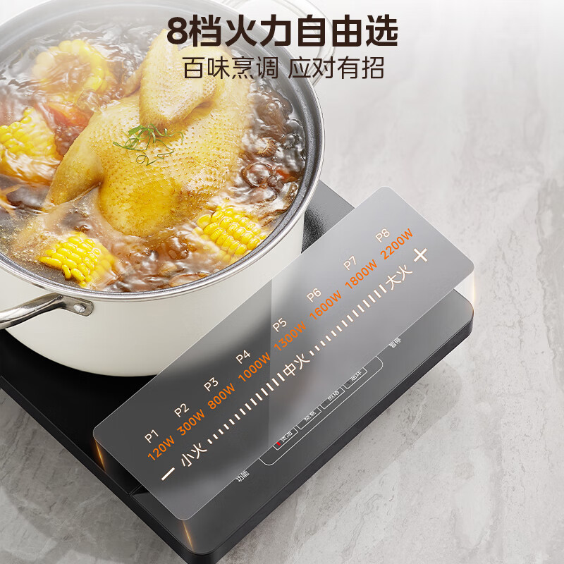 美的电磁炉RT22E0103家用多功能大功率炒菜火锅一体小型宿舍2200W家用猛火爆炒耐用面板八档火力纤薄电磁灶火锅炉