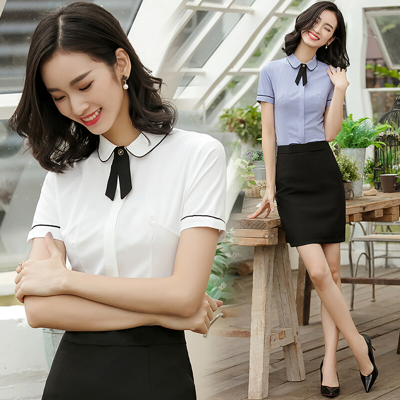 职业白衬衫女短袖白色衬衣女士工作服套装夏2018新款寸衫正装上衣