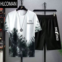 HLCOMAN夏季速干冰丝渐变套装男短袖t恤一套休闲短裤运动套帅气男装