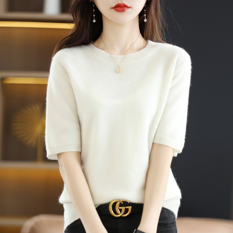 雪米贝奴新款针织短袖宽松t恤内搭毛衣非羊绒打底衫春秋夏季半袖上衣