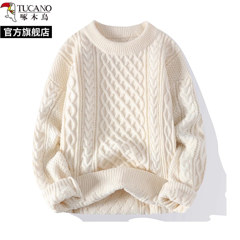 啄木鸟春秋新款圆领麻花毛衣男士冬季加绒针织打底衫内搭线上衣服 米白色 2XL适合150-165斤