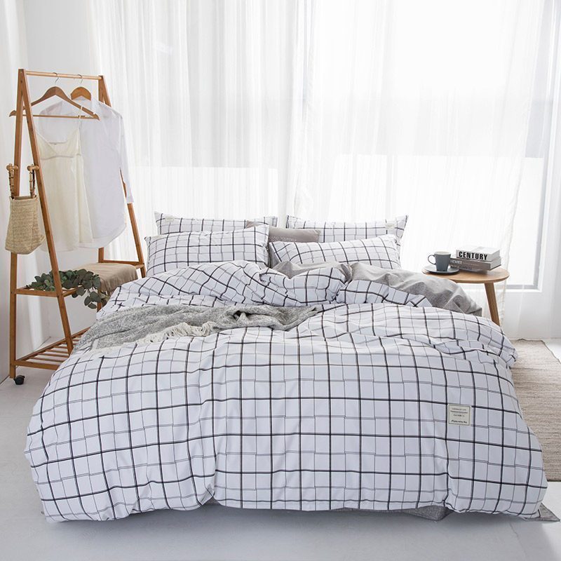 美帮汇灰色床单格子四件套 北欧风床上大学生寝室全套装 单人宿舍六件套 格调-茶白 1.2米床三件套【被套尺寸150*200】