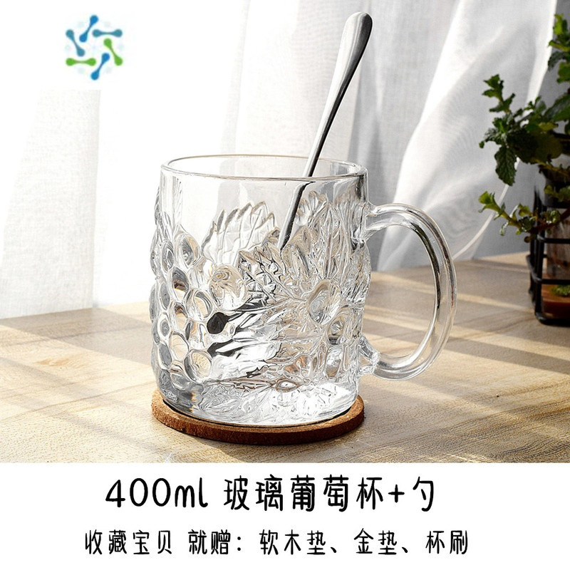 三维工匠ins玻璃杯牛奶早餐杯大肚杯碗带盖勺套装 耐热咖啡花茶杯子啤酒杯 400ml 玻璃葡萄杯+勺