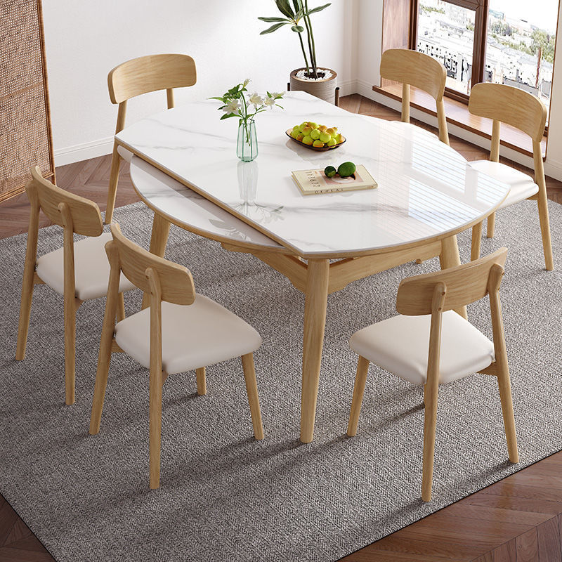 质凡北欧风岩板餐桌椅组合可伸缩家用方圆两用小户型实木折叠饭桌高清大图