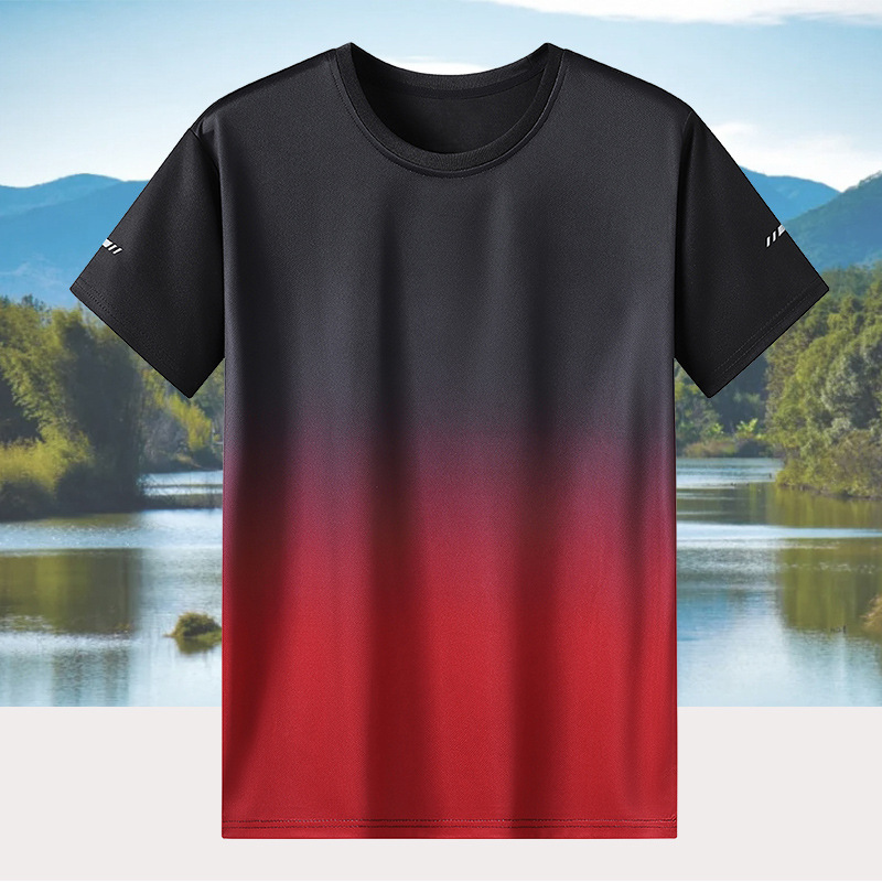 啄木鸟夏季冰丝套装男士轻薄款速干透气休闲运动短袖短裤爸爸男装 T306黑红单件T恤 L