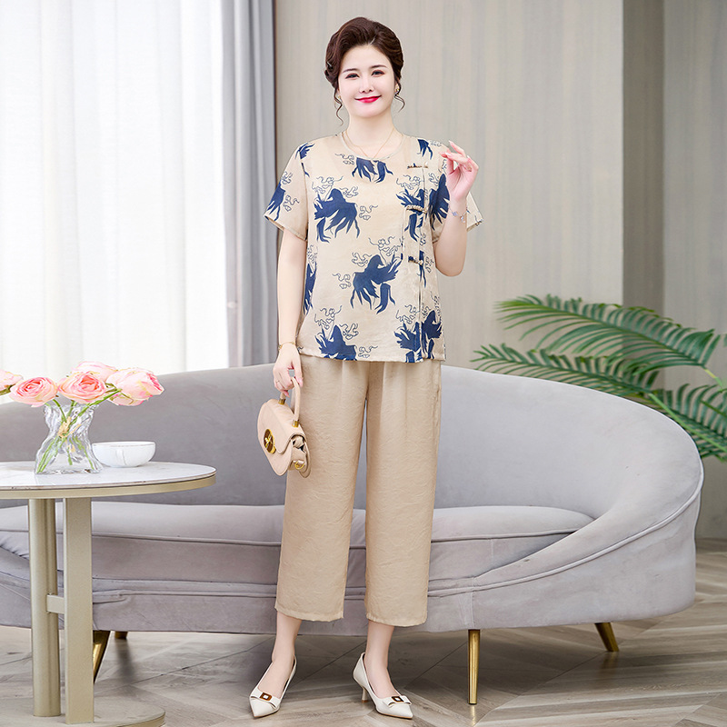 纤孜雅 夏季妈妈印花短袖套装新款中老年加肥加大上衣裤子两件套洋气高清大图